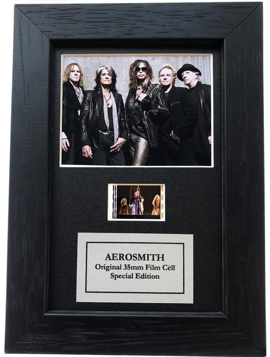 Hand crafted display featuring original Mini 35mm film cells for AEROSMITH fans