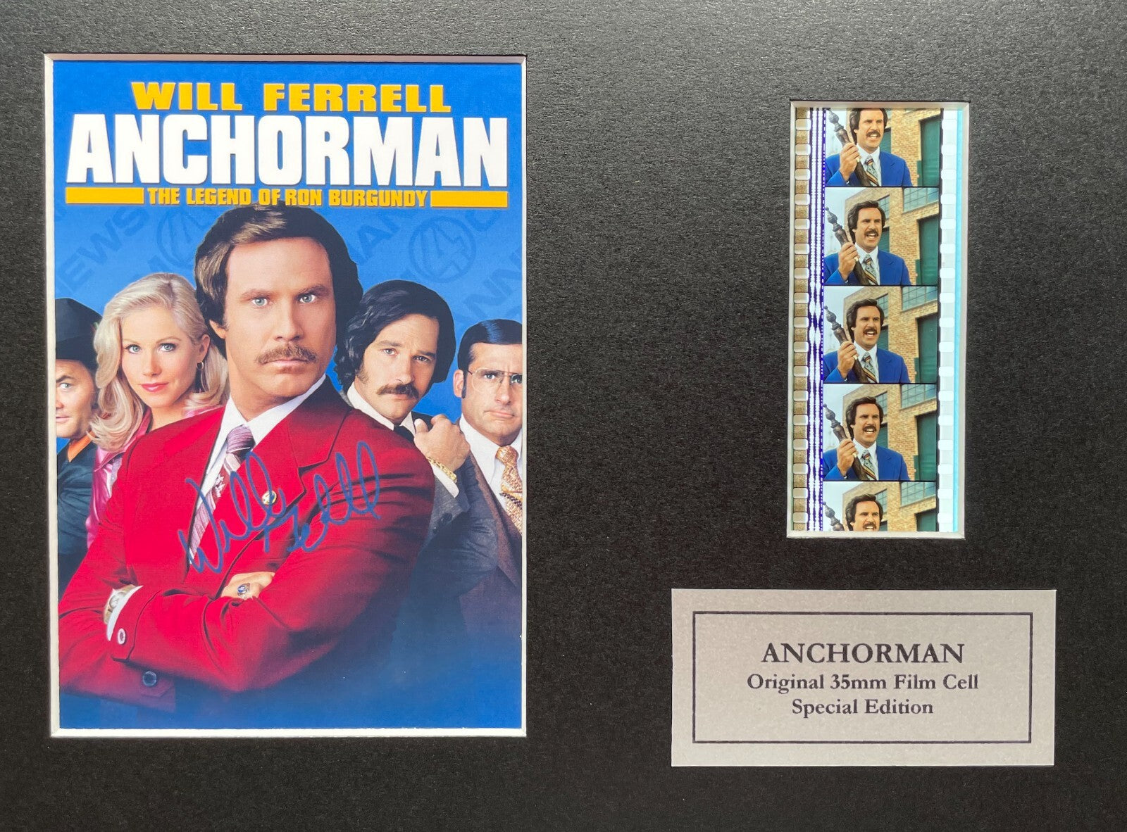 Hand crafted display featuring original 35mm film cells for an ANCHORMAN fan vSR