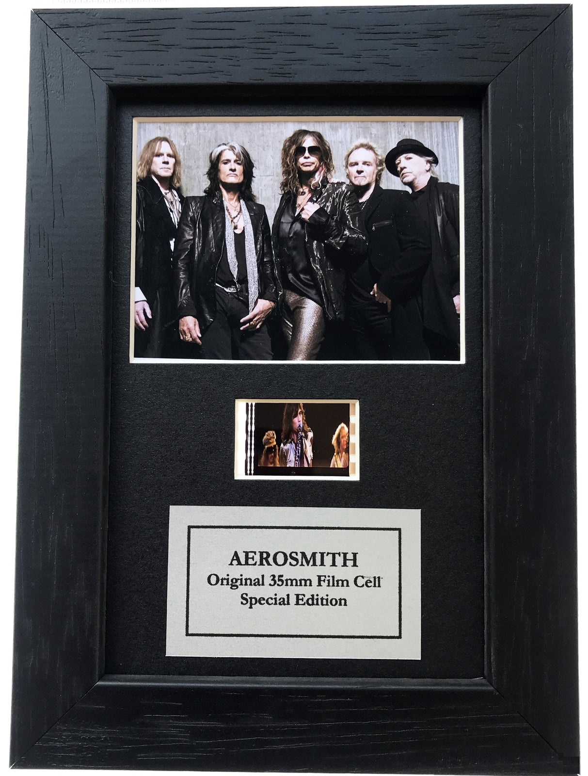 Hand crafted display featuring original Mini 35mm film cells for AEROSMITH fans