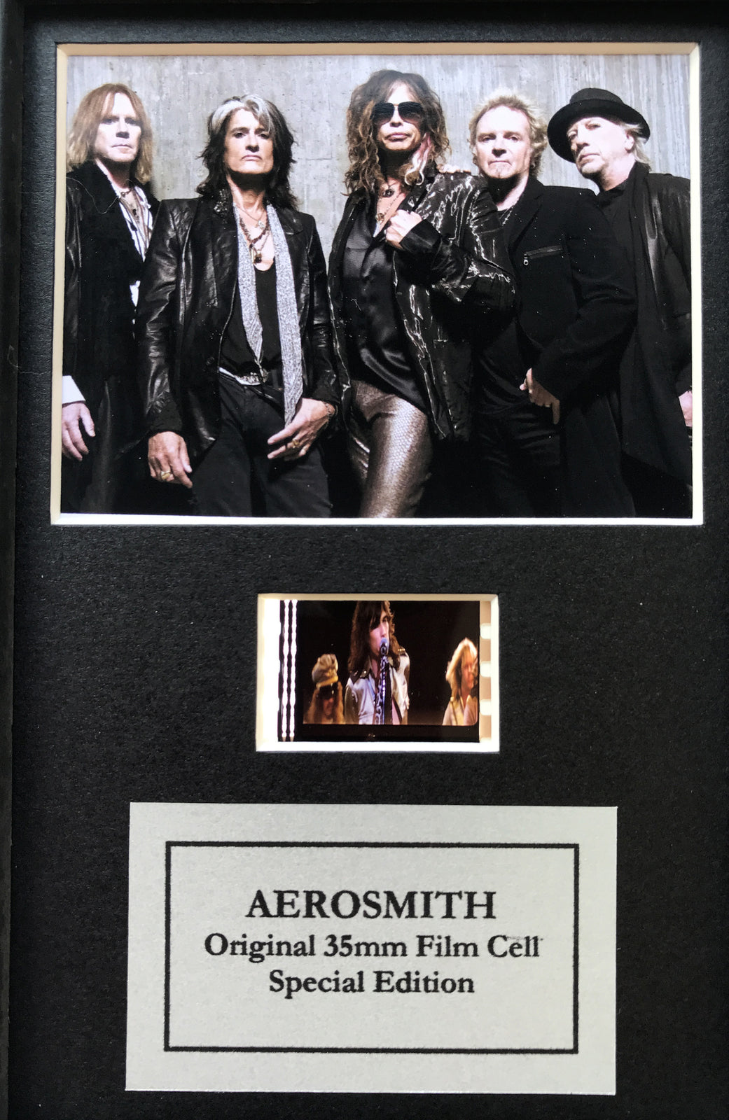 Hand crafted display featuring original Mini 35mm film cells for AEROSMITH fans