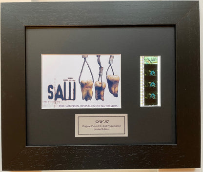 Hand crafted display featuring original 35mm film cells for SAW III fans + COA