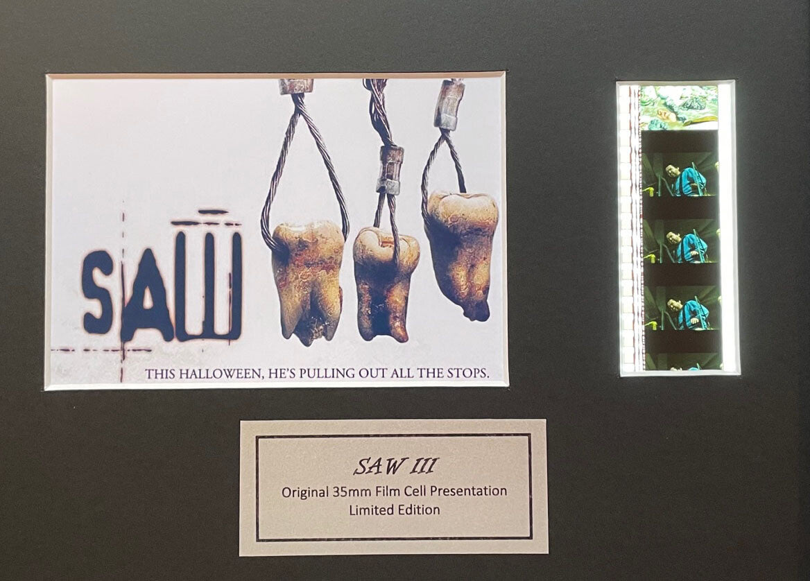 Hand crafted display featuring original 35mm film cells for SAW III fans + COA