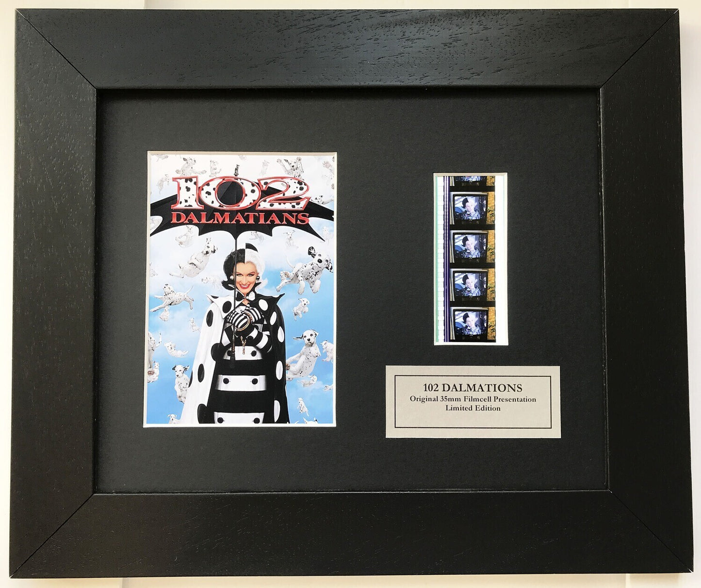 Handmade display featuring original 35mm film cells for 102 DALMATIANS 1996 fans