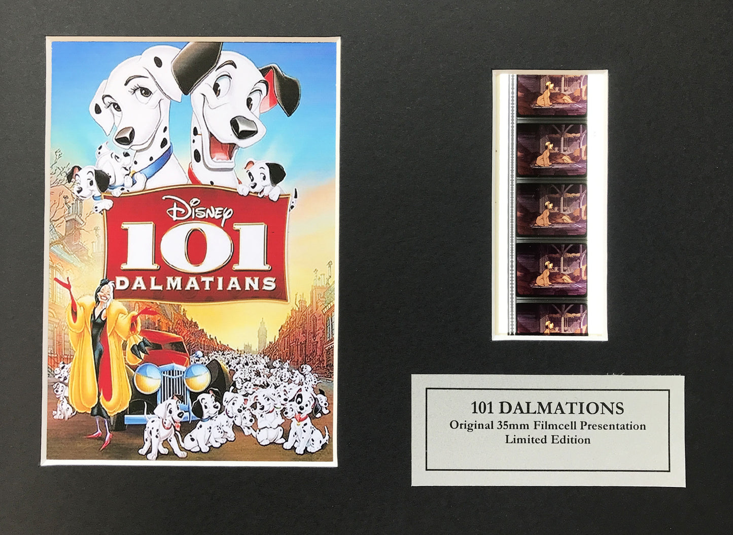 Handmade display featuring original 35mm film cells for 101 DALMATIANS 1996 fans