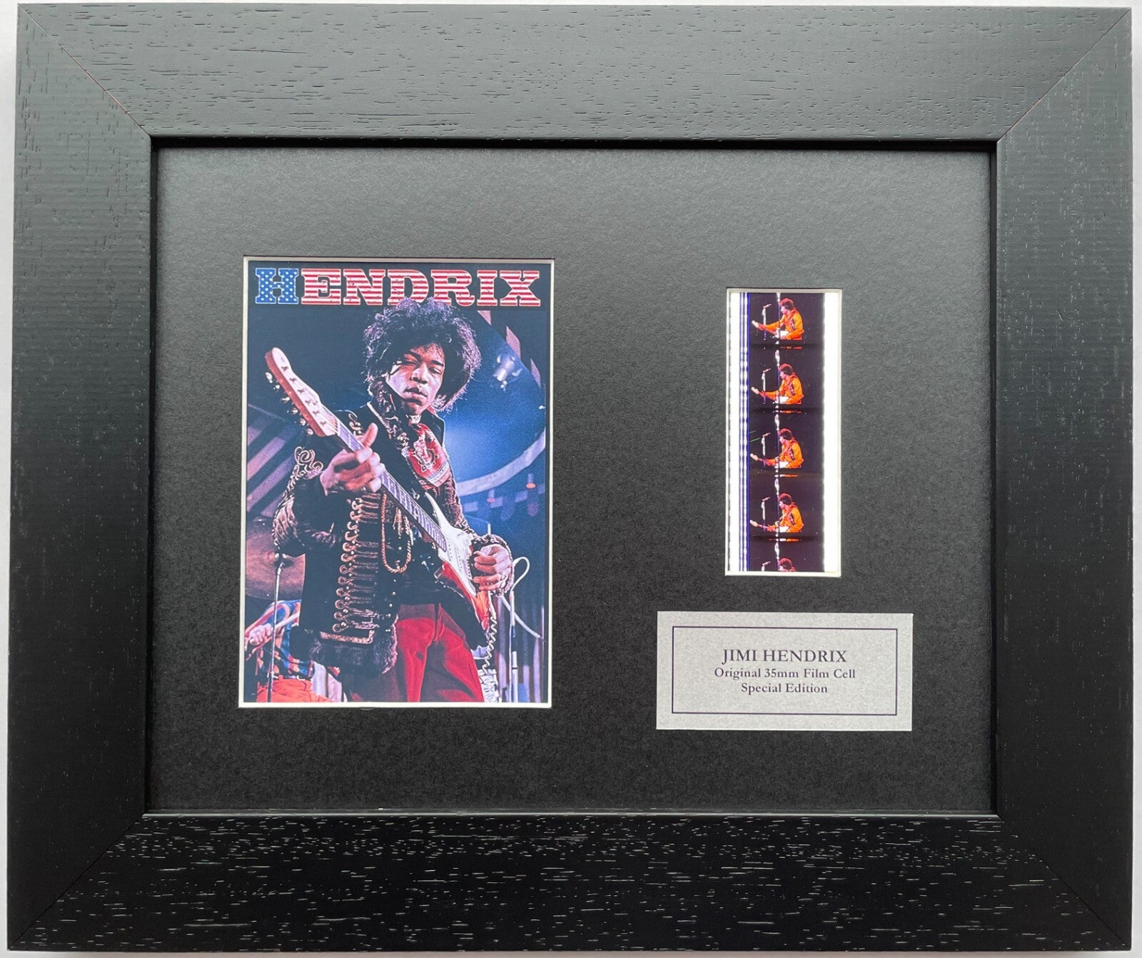Hand crafted display featuring original 35mm film cells for a JIMI HENDRIX fan