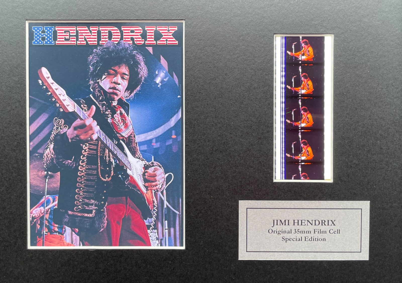 Hand crafted display featuring original 35mm film cells for a JIMI HENDRIX fan