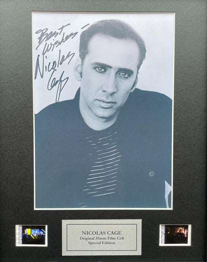 NICOLAS CAGE Signed Repro + Original 35mm Film Cells set within Quality Wood Frame