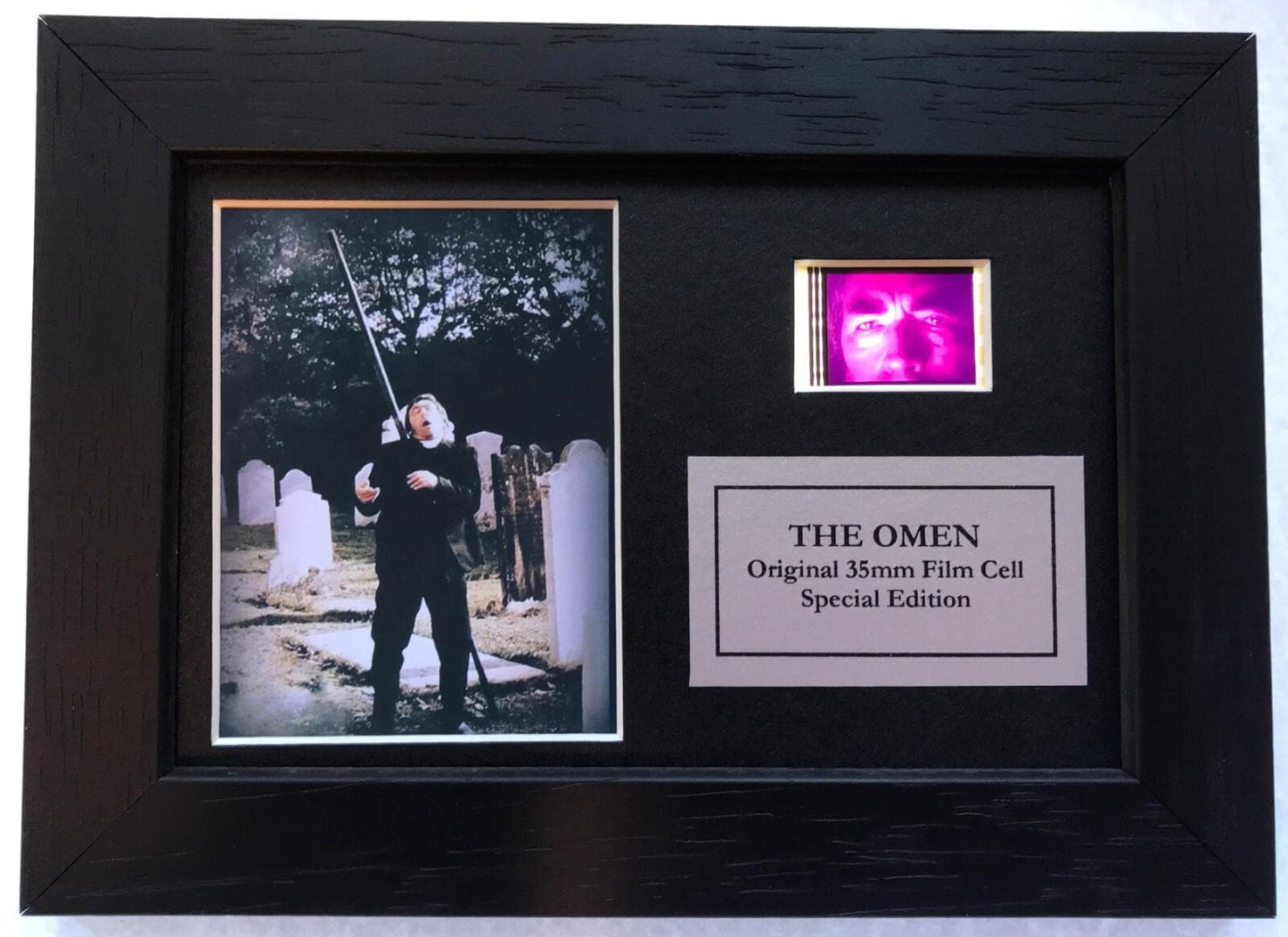 Handmade display featuring original Mini 35mm film cells for THE OMEN 1976 fans