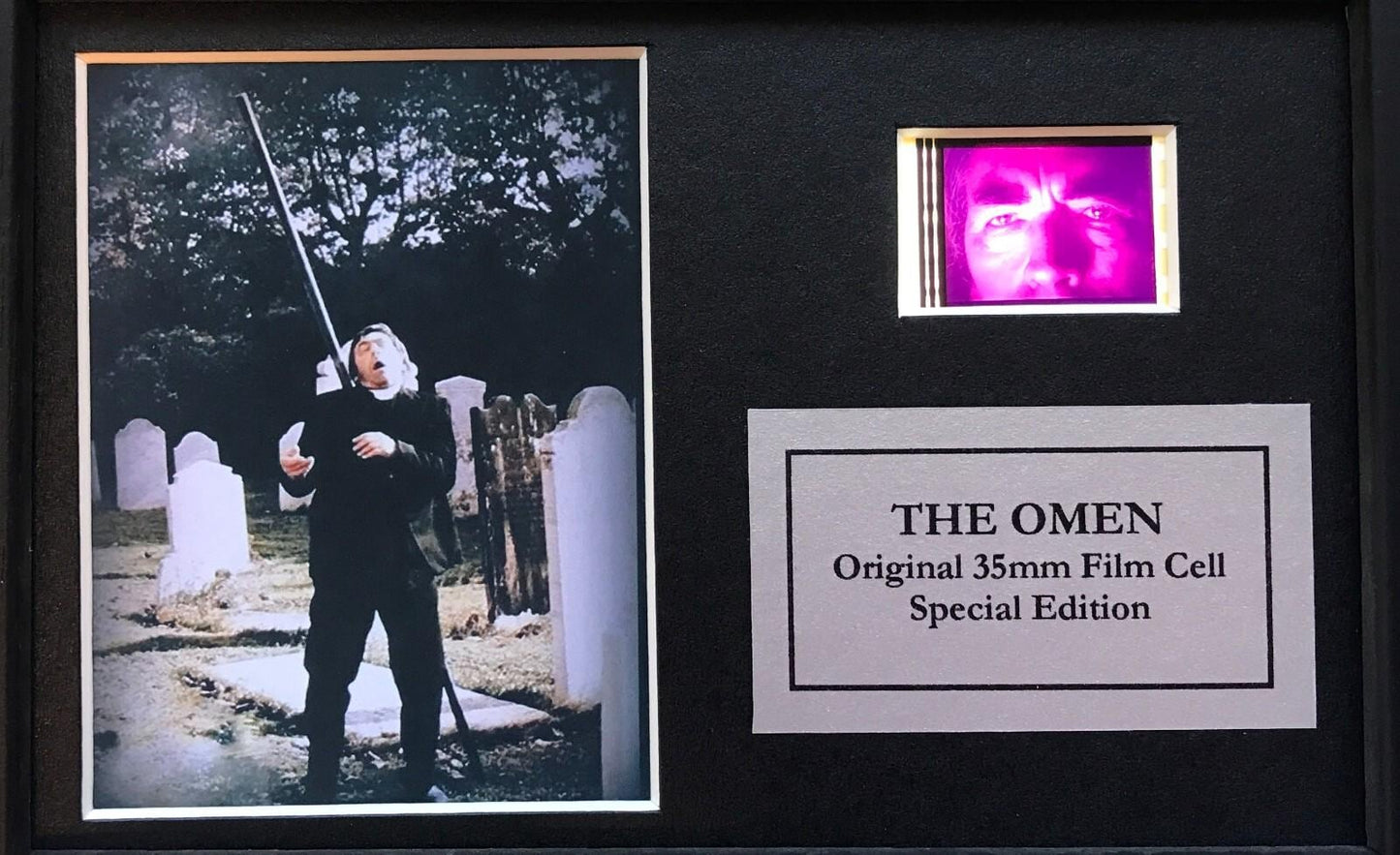 Handmade display featuring original Mini 35mm film cells for THE OMEN 1976 fans