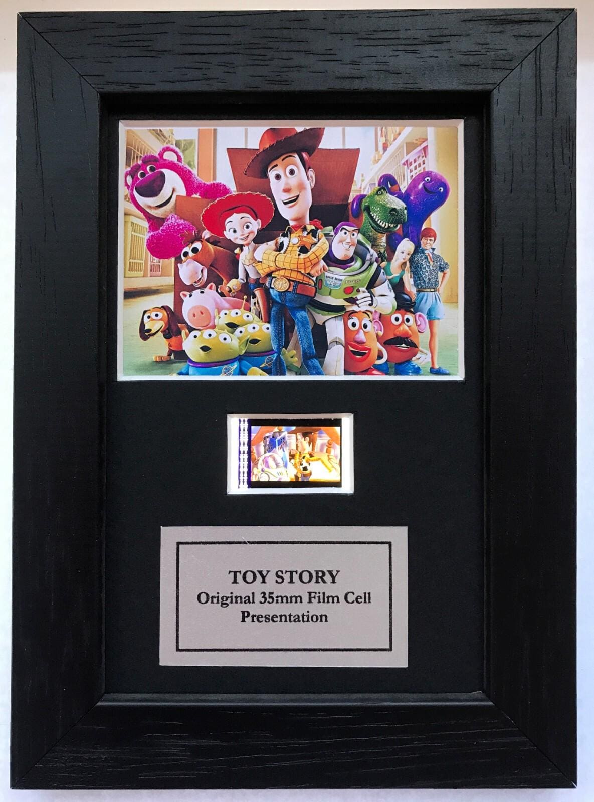 Hand crafted display featuring original Mini 35mm film cells for a TOY STORY fan