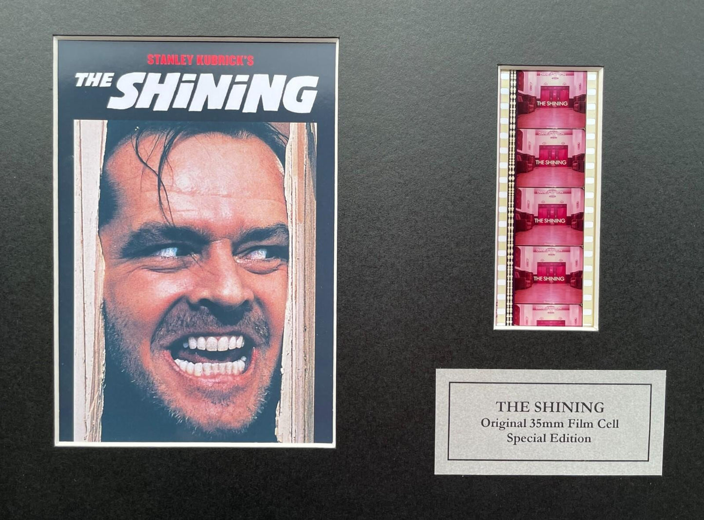 Hand crafted display featuring original 35mm film cells for THE SHINING fans