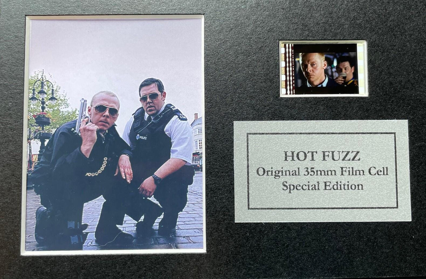 Hand crafted display featuring original Mini 35mm film cell for Hot Fuzz fans
