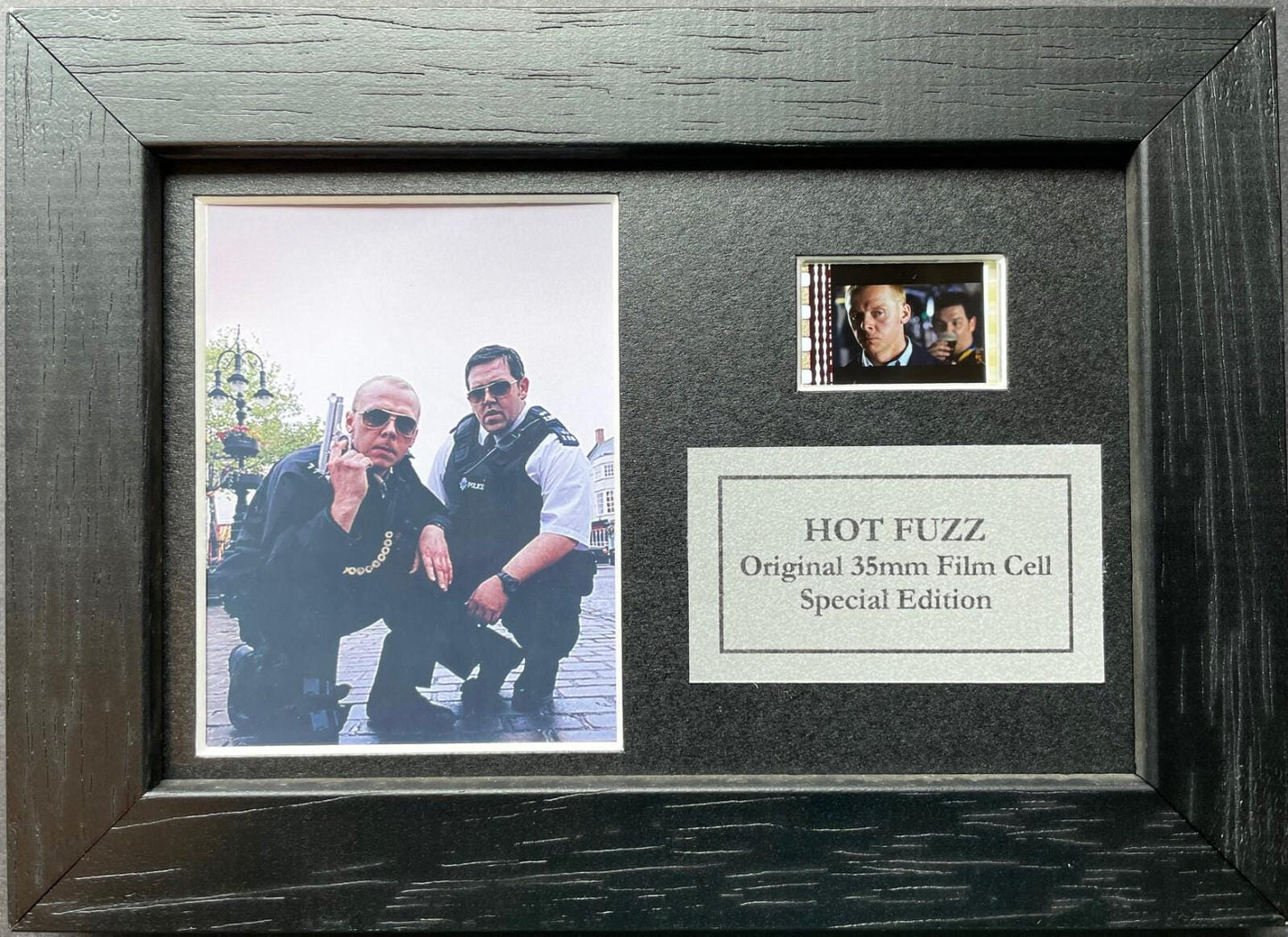 Hand crafted display featuring original Mini 35mm film cell for Hot Fuzz fans