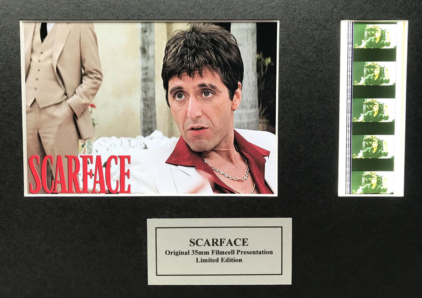 Hand crafted display featuring original 35mm film cells for SCARFACE fans + COA