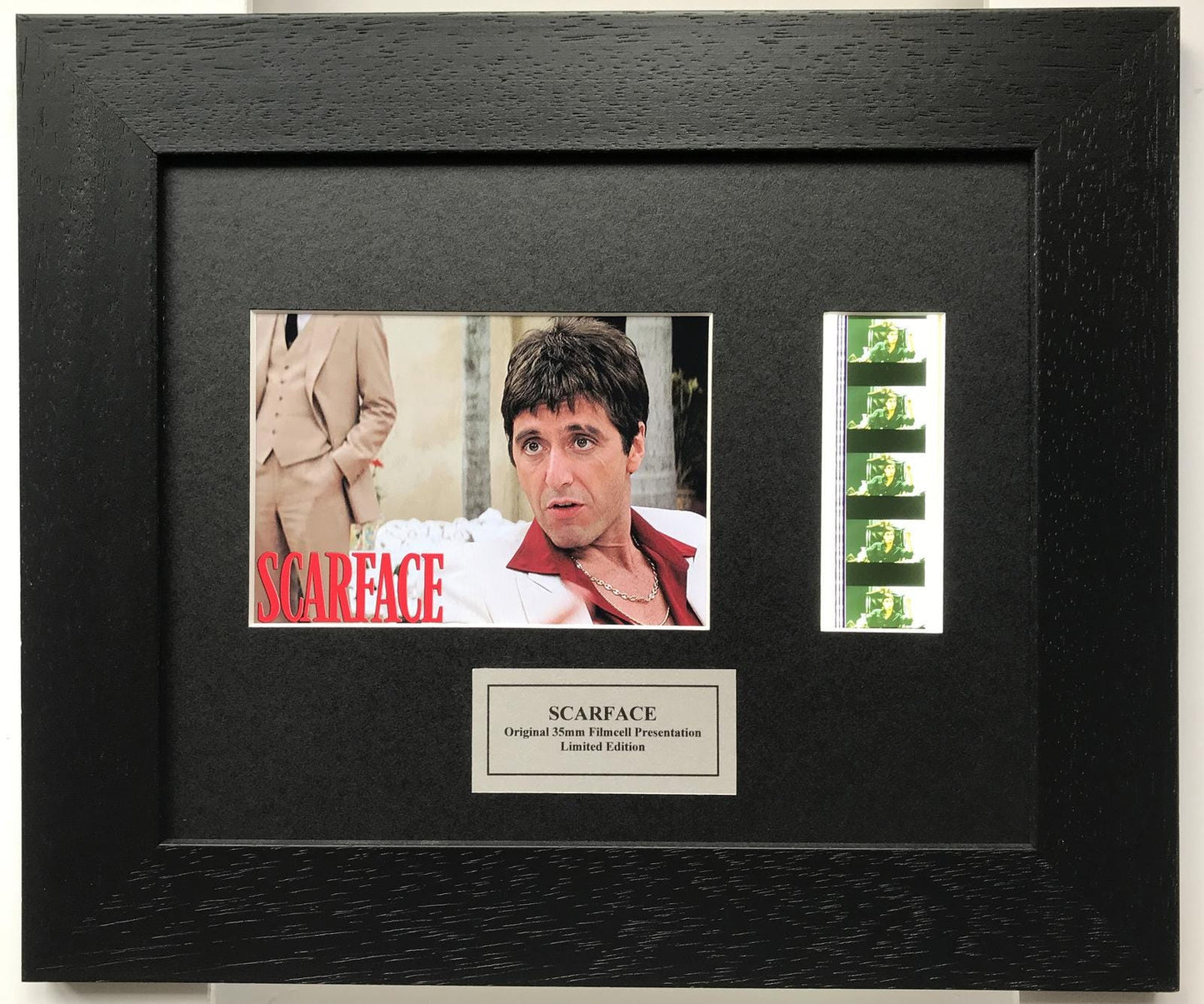 Hand crafted display featuring original 35mm film cells for SCARFACE fans + COA
