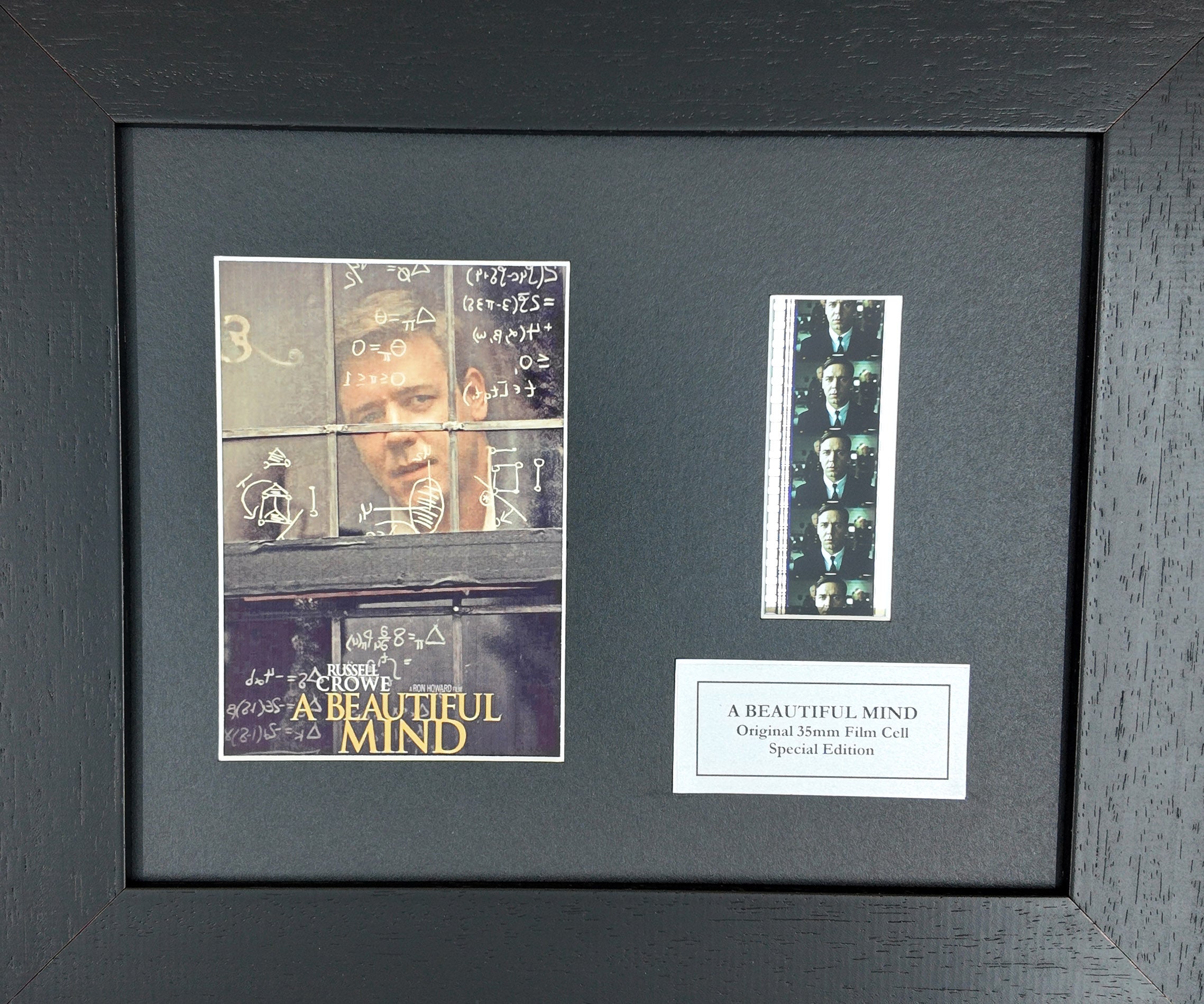 Hand crafted display featuring original 35mm film cells for A BEAUTIFUL MIND fan