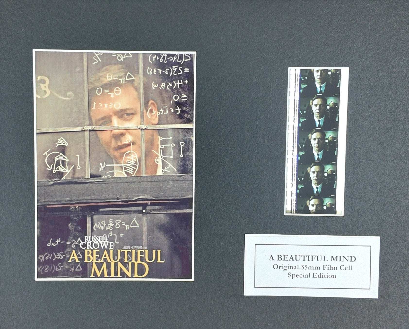 Hand crafted display featuring original 35mm film cells for A BEAUTIFUL MIND fan