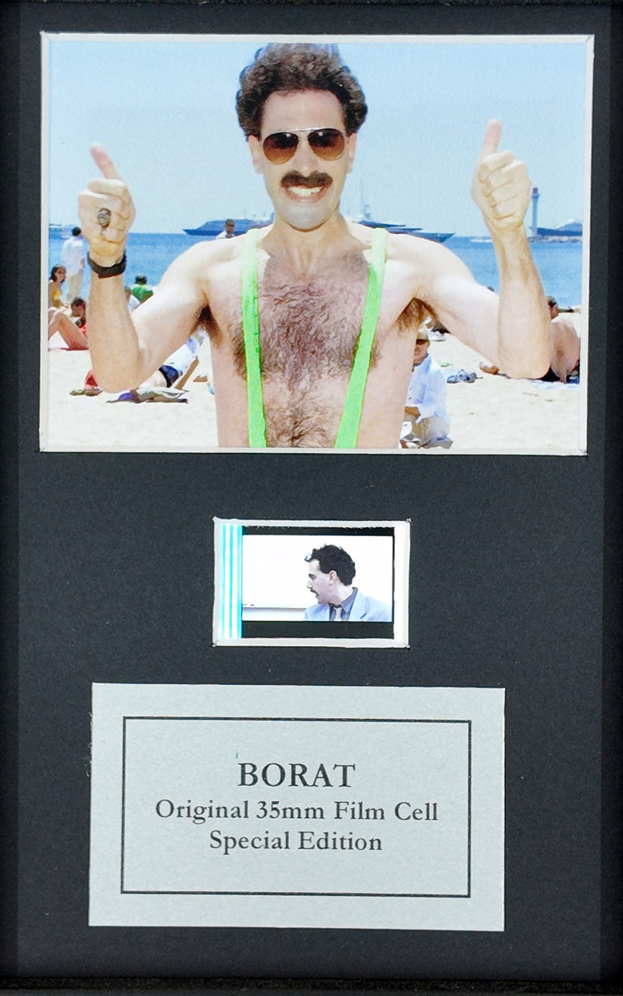 Hand crafted display featuring original 35mm film cells for a BORAT Fan + coa