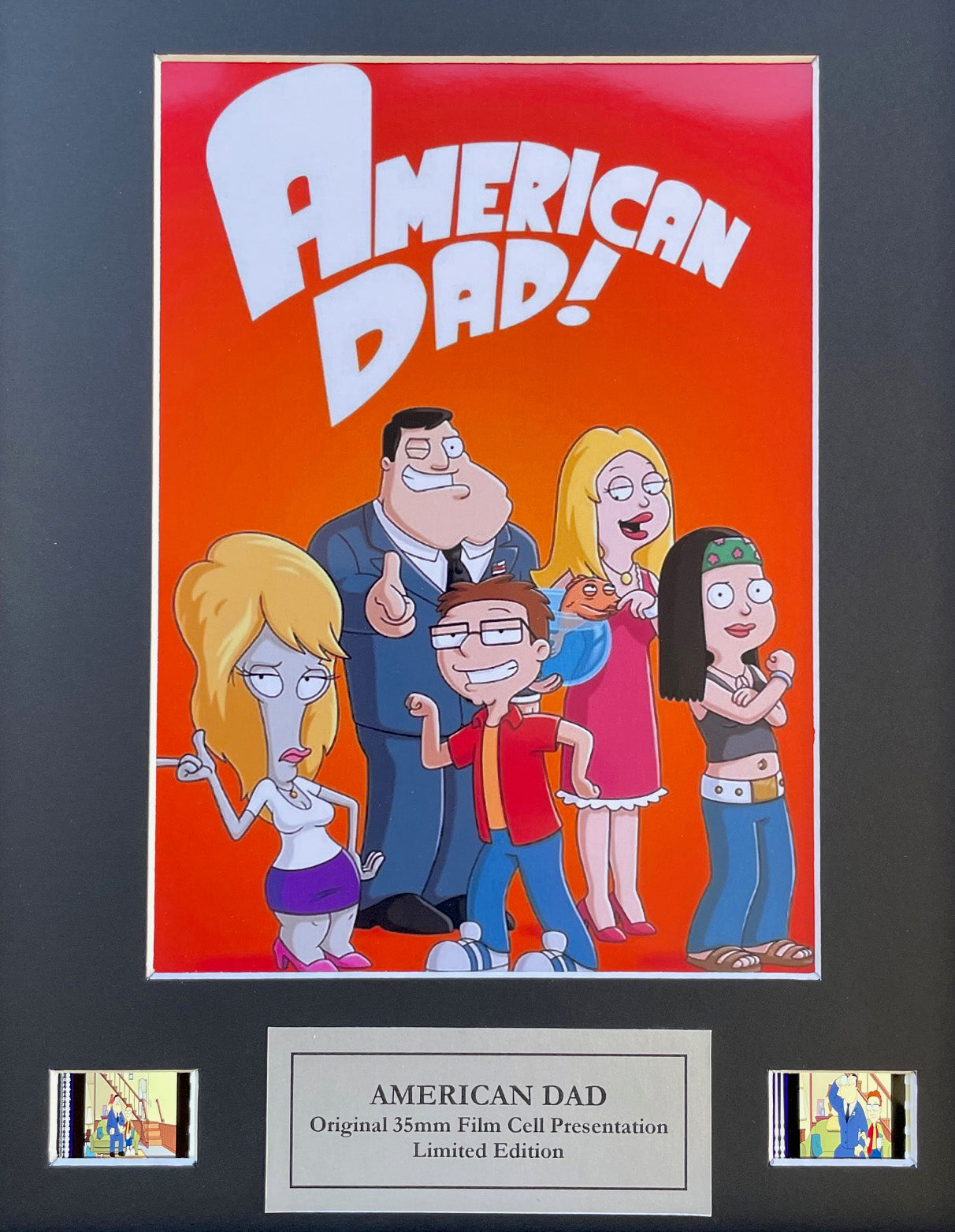 Hand crafted display featuring original 35mm film cells for an AMERICAN DAD fan