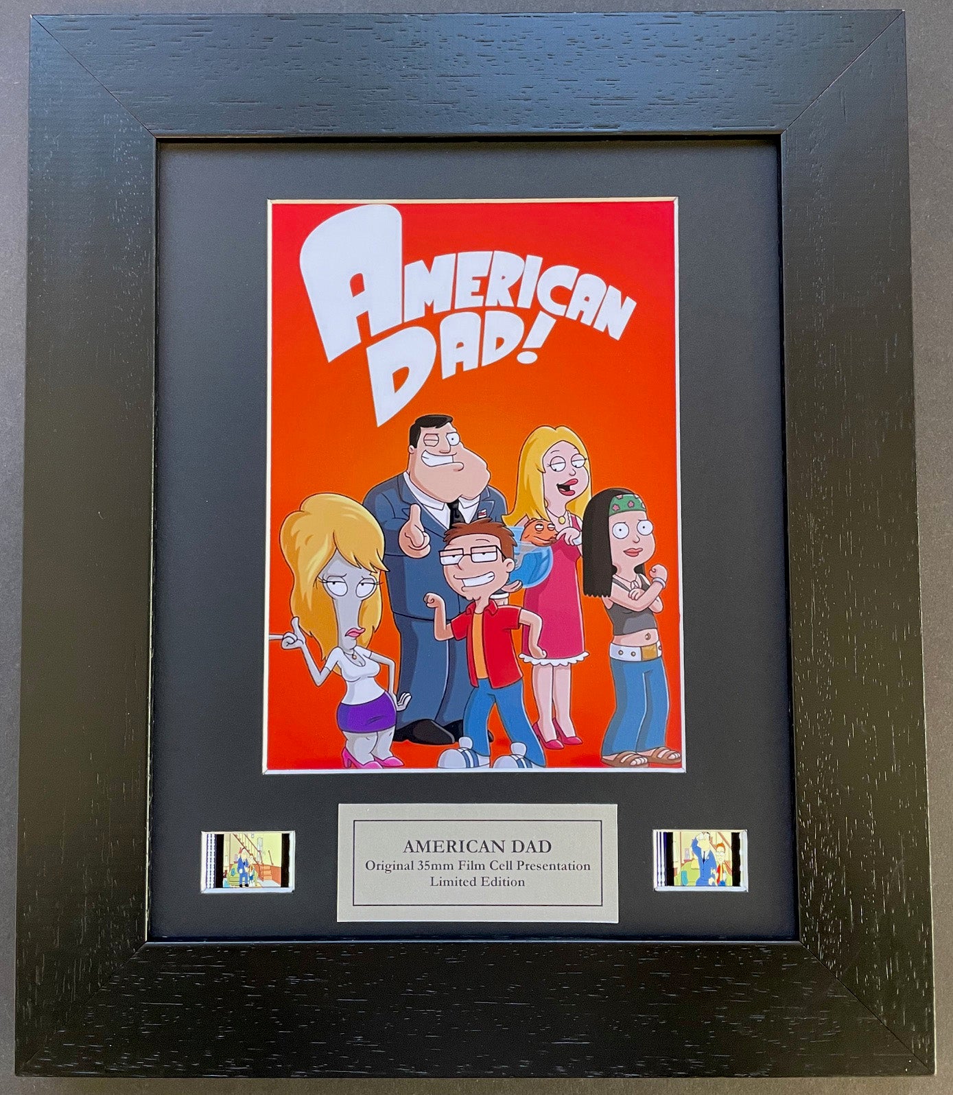 Hand crafted display featuring original 35mm film cells for an AMERICAN DAD fan