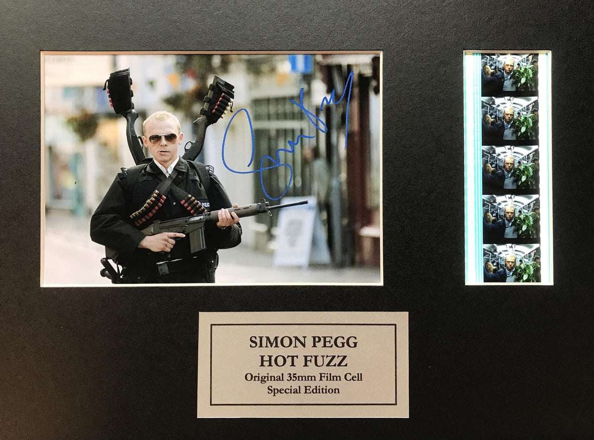 Hot Fuzz SIMON PEGG Signed Repro + Original 35mm Film Cells in Quality Wood Frame