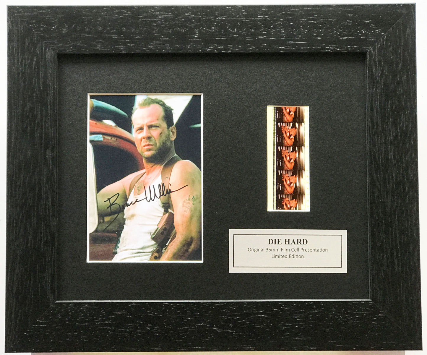 Die Hard BRUCE WILLIS Signed Repro + Original Film Cells in Quality Wood Frame