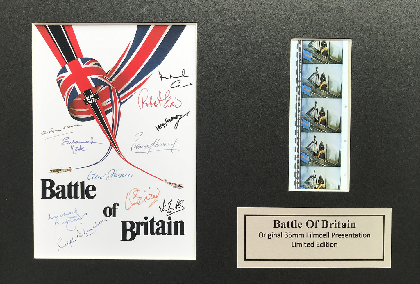 BATTLE of BRITAIN Cast Signed + Original 35mm Filmcells set in Quality Wood Frame